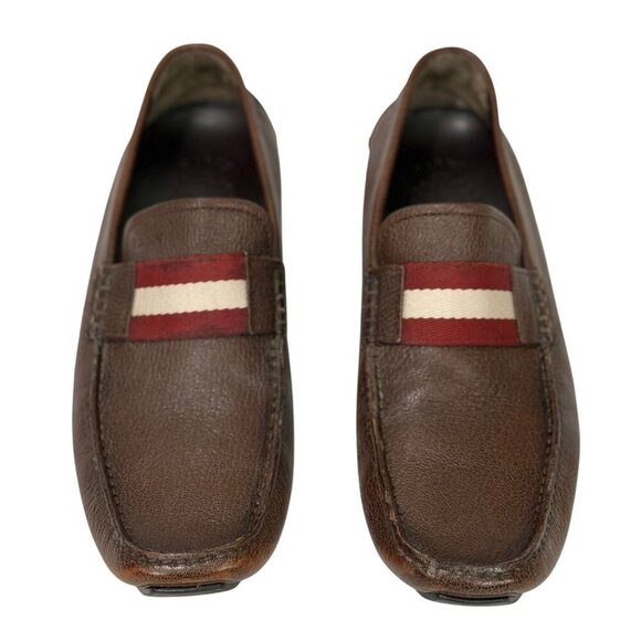 Bally Mens Waldan Driving Loafer Shoes Brown Leather Red Cream Stripe Size US 9? - Picture 1 of 16